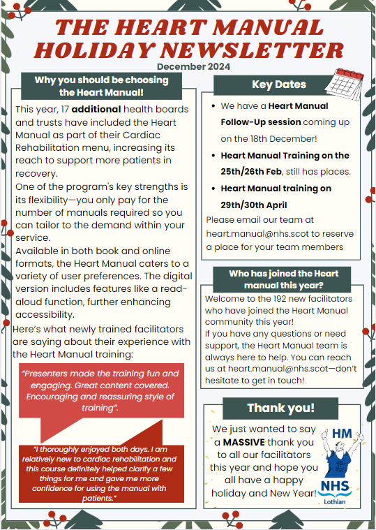 Check out our holiday newsletter! It includes key dates, some more information on the heart manual and, most importantly, a heartfelt thank you to all our facilitators for their hard work this year! Thank you!

services.nhslothian.scot/theheartmanual…