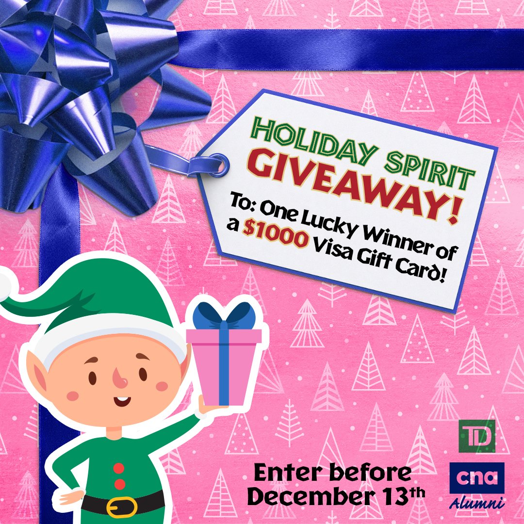 CNAAlumni's tweet photo. Hey CNA Alumni! Get ready to sleigh the holiday season with our 2024 Holiday Spirit Giveaway! Win a fabulous $1,000 Visa Gift Card to sprinkle some extra joy this season. Don't miss out—enter now for your shot at festive cheer: https://t.co/bQUFpYsh9t.  #HolidaySpirit #CNAAlumni https://t.co/z67fRazXen