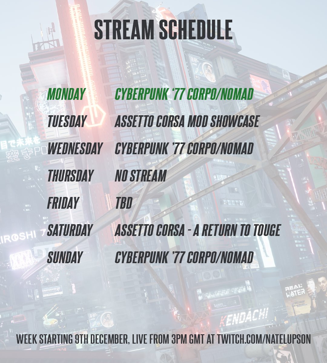 Let's try this again then shall we?
I started a new playthrough of CP77 late last week in place of STALKER 2, as I'm currently soft-locked in that game.

Live now: twitch.tv/natelupson