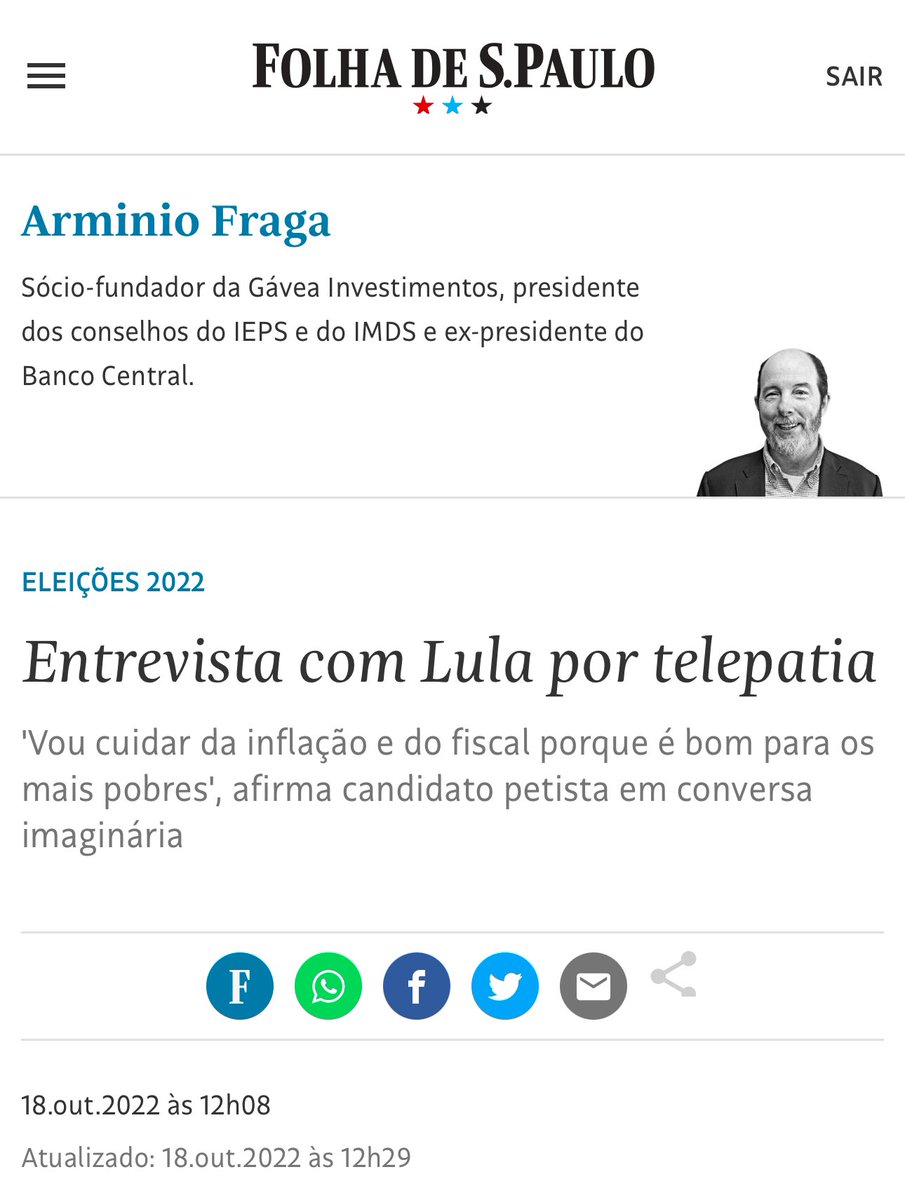 Hoje saiu uma matéria em que o Armínio Fraga diz que o Brasil está em risco de entrar em dominância fiscal. E aí me lembrei de um artigo patético que ele escreveu na Folha, em 2022, simulando uma conversa com o Lula sobre como seria a economia no seu governo….