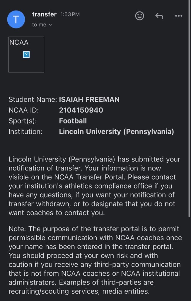 🚨MID-YEAR TRANSFER🚨

Isaiah Freeman
6'2 | 215
GPA: 3.89
Eligibility: 1 Year with available Redshirt 
Contact: 484-892-5009
NCAA ID: 2104120940

youtu.be/B0DoZ0FyTlc