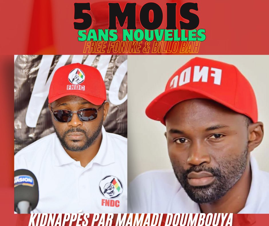 𝟗 𝐉𝐔𝐈𝐋𝐋𝐄𝐓 𝟐𝟎𝟐𝟒 - 𝟗 𝐃𝐄́𝐂𝐄𝐌𝐁𝐑𝐄 𝟐𝟎𝟐𝟒⤵️

Cela fait cinq mois que 𝐅𝐨𝐧𝐢𝐤𝐞́ 𝐌𝐞𝐧𝐠𝐮𝐞̀ 𝐞𝐭 𝐁𝐢𝐥𝐥𝐨 𝐁𝐚𝐡 sont victimes de 𝐝𝐢𝐬𝐩𝐚𝐫𝐢𝐭𝐢𝐨𝐧 𝐟𝐨𝐫𝐜𝐞́𝐞, orchestrée par le régime de 𝐌𝐚𝐦𝐚𝐝𝐢 𝐃𝐨𝐮𝐦𝐛𝐨𝐮𝐲𝐚.