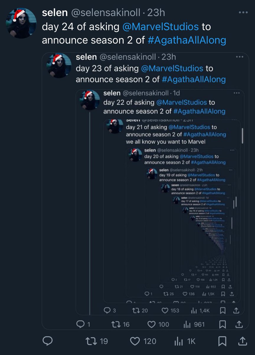 selensakinoll's tweet photo. day 25 of asking @MarvelStudios to announce season 2 of #AgathaAllAlong https://t.co/sWZg8mhiFT