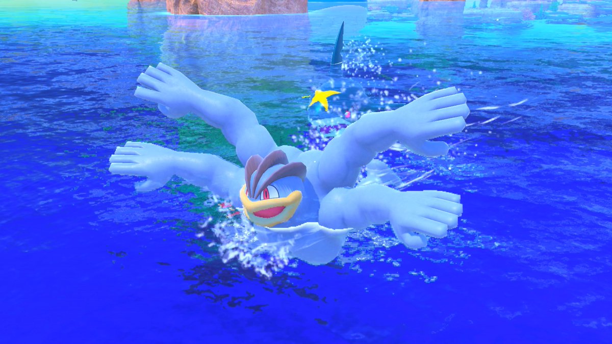 PkmnSnapBot's tweet image. What&apos;s faster, the shark or the butterfly? #Machamp #Sharpedo #NewPokemonSnap #NintendoSwitch