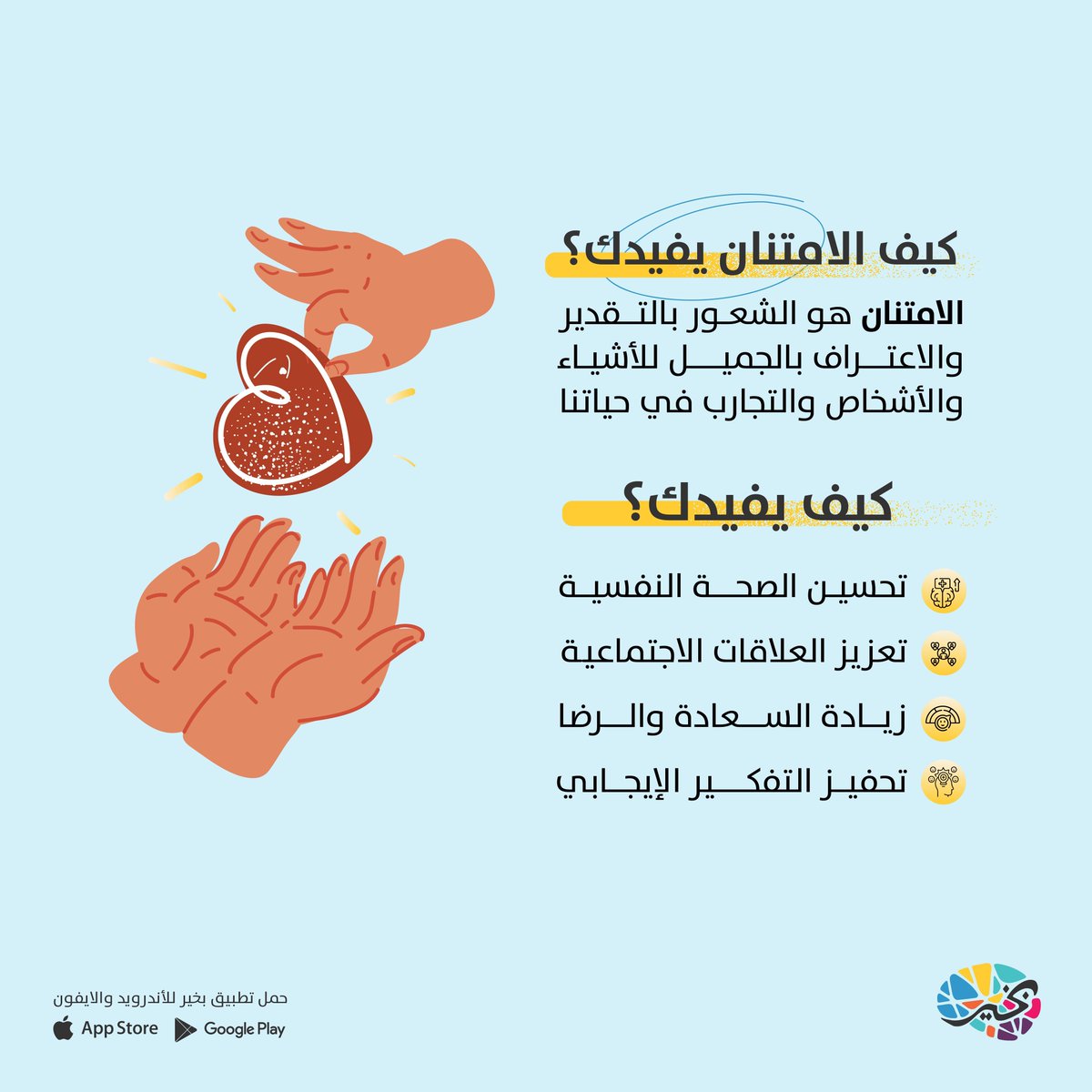 BeKareapp's tweet photo. ابدأ اليوم وكن ممتنًا لكل ما لديك! 🙏

ولا تنسى ما يلي👇

◾️يقلل الامتنان من مشاعر التوتر والقلق والاكتئاب.

◾️يعزز الامتنان الروابط الإيجابية بين الناس ويزيد من الشعور بالترابط الاجتماعي.

◾️ الأشخاص الذين يمارسون الامتنان بانتظام يكونون أكثر سعادة ورضا عن حياتهم.

◾️يساعد الامتنان في تحويل الانتباه والتركيز من السلبيات إلى الإيجابيات في الحياة.

◾️الامتنان يعزز القدرة على مواجهة التحديات ويزيد من المرونة النفسية عند مواجهة الصعاب.

لمزيد من النصائح عن طرق ممارسة الامتنان، تابع حسابنا @bekareapp

#الامتنان #تفكير_إيجابي #الإمتنان #اكسبلور #تطبيق_بخير #بخير #bekare