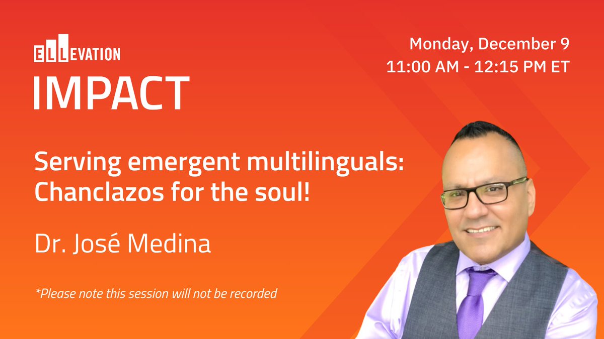 Ellevation Education (@ellevationed) on Twitter photo Serving Emergent Multilinguals: Chanclazos for the Soul! starts in an hour! Join Dr. <a href="/JoseMedinaJr89/">Dr. José Medina (él, he, his, him)</a> to explore how critical self-reflection can improve practices for supporting emergent multilingual students and their families. bit.ly/4hBAw84
#EllevationIMPACT2024 Serving Emergent Multilinguals: Chanclazos for the Soul! starts in an hour! Join Dr. <a href="/JoseMedinaJr89/">Dr. José Medina (él, he, his, him)</a> to explore how critical self-reflection can improve practices for supporting emergent multilingual students and their families. bit.ly/4hBAw84
#EllevationIMPACT2024