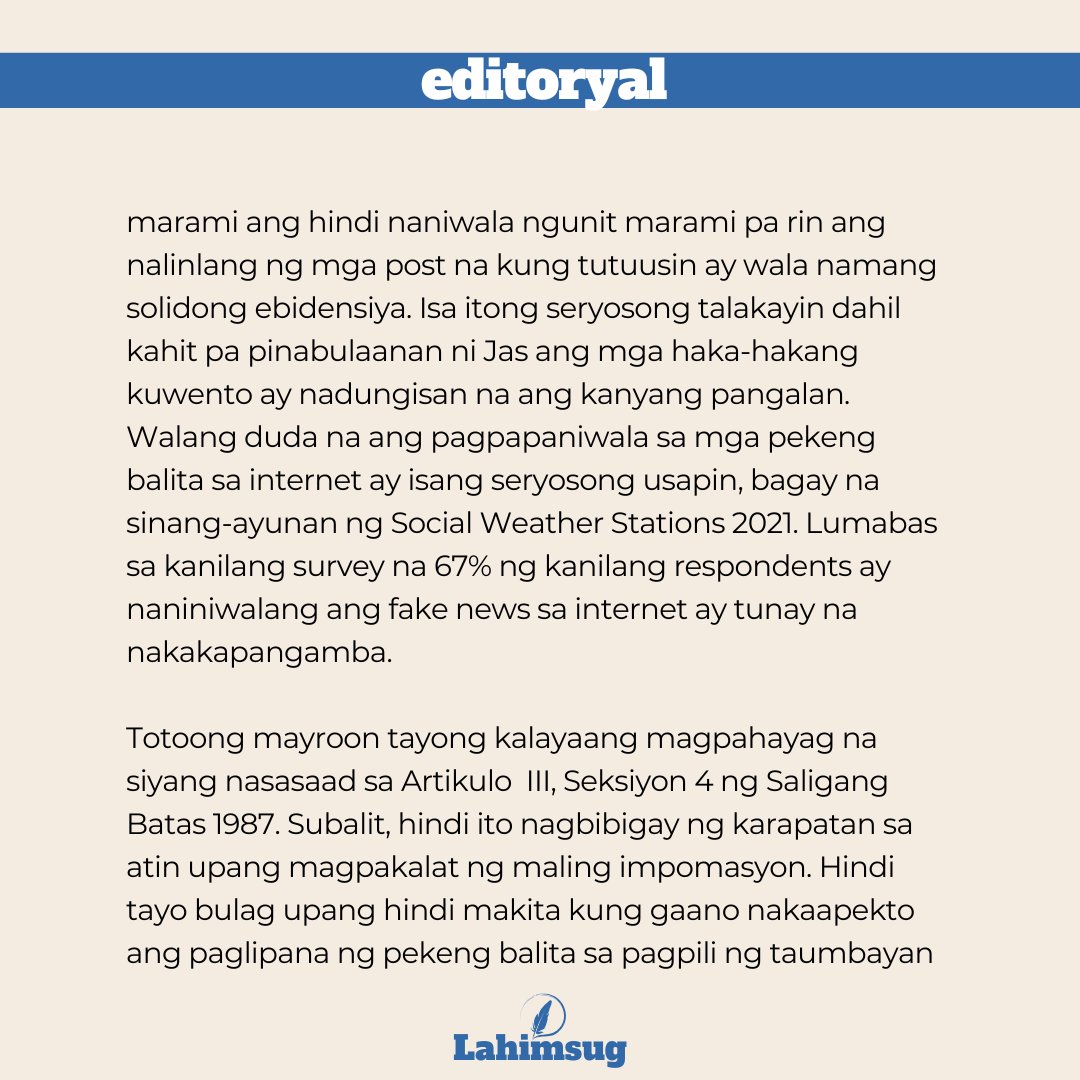 Lahimsug's tweet photo. 𝗘𝗗𝗜𝗧𝗢𝗥𝗬𝗔𝗟 | Nakakaalarma sapagkat ang mga naturingang mga basher ay naging mga sastre na—magaling humabi ng istorya. Sila ay maituturing na kanser ng lipunan na lumalason at sumisira sa kaalamang talakayan at sa kolektibong pag-unlad. https://t.co/D2IqfjHK0u