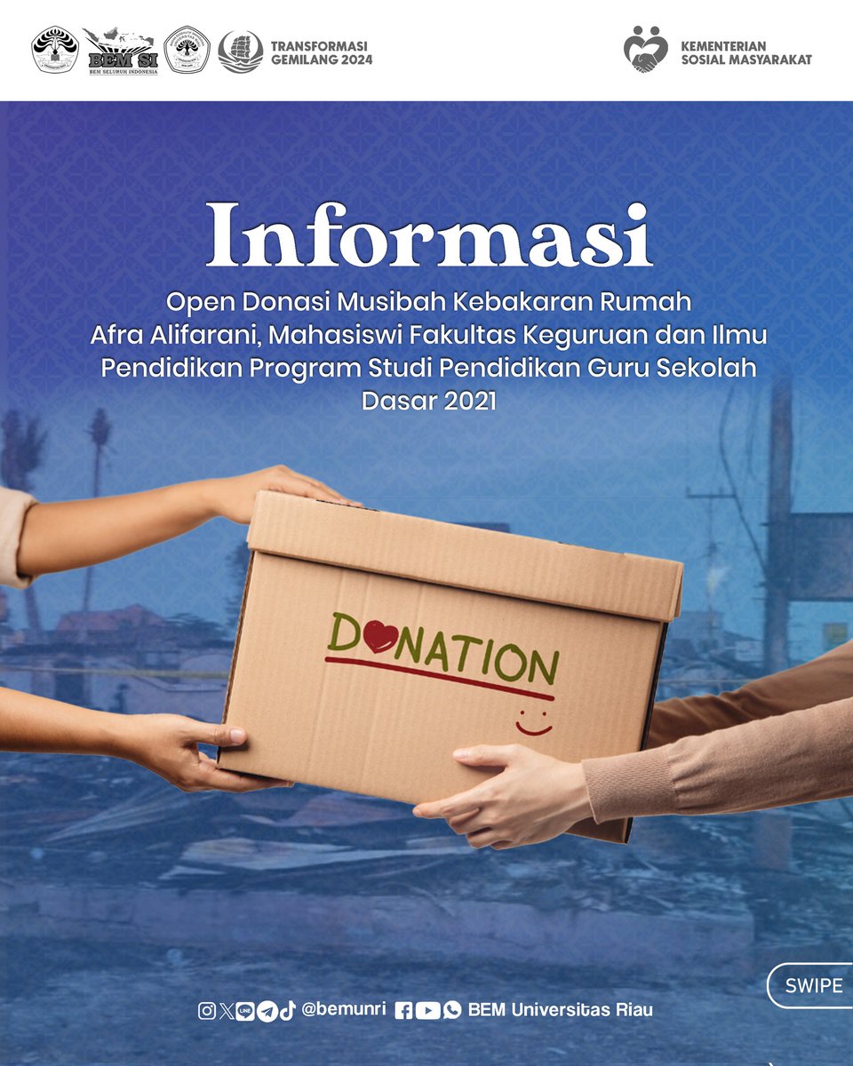 bemunri's tweet photo. [BEM UNRI KTG - INFORMASI : OPEN DONASI MUSIBAH KEBAKARAN RUMAH]

Halo, Sobat Biru Langit! 👋

Cek selengkapnya di link https://t.co/W723CKxwR0 https://t.co/3UiYvncyvy