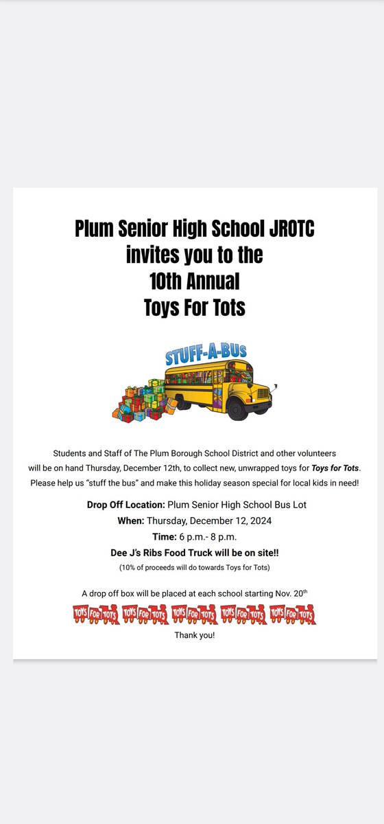 10th Annual Stuff A Bus for Toys for Tots!! Thurs, Dec 12, 6pm-8pm! Dee J's Ribs food truck will be there (10% of sales go towards Toys for Tots.  Also, face painting, hot chocolate, &amp; other treats! #plumproud <a href="/HQ_AFJROTC/">Air Force Junior ROTC</a> <a href="/PBSDSuper/">Dr. Rick Walsh</a> <a href="/PlumAthletics/">Plum Athletics</a> <a href="/plumboroughsd/">Plum Borough SD</a> <a href="/PlumTeachers/">Plum Teachers</a>