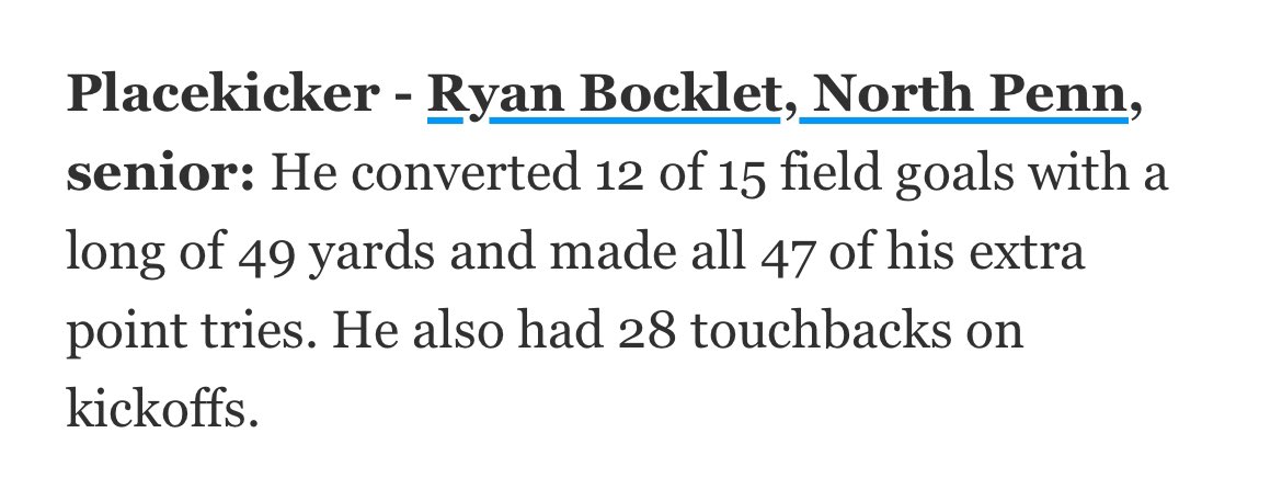 RyanBocklet's tweet image. Honored to be named all area placekicker! Congrats to the rest of the guys! @NorthPennKnight @EddieMish22