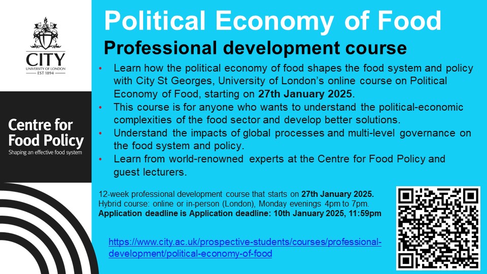 Dr Christian Reynolds (@sartorialfoodie) on Twitter photo 🌍🍽️ Excited to announce my hybrid CPD course on the Political Economy of Food! Starting 27th Jan 2025, this 12-week course runs every Monday from 4pm-7pm. Don't miss out—apply by 10th Jan 2025, 11:59pm! 📅🔗 city.ac.uk/prospective-st… 🌍🍽️ Excited to announce my hybrid CPD course on the Political Economy of Food! Starting 27th Jan 2025, this 12-week course runs every Monday from 4pm-7pm. Don't miss out—apply by 10th Jan 2025, 11:59pm! 📅🔗 city.ac.uk/prospective-st…
