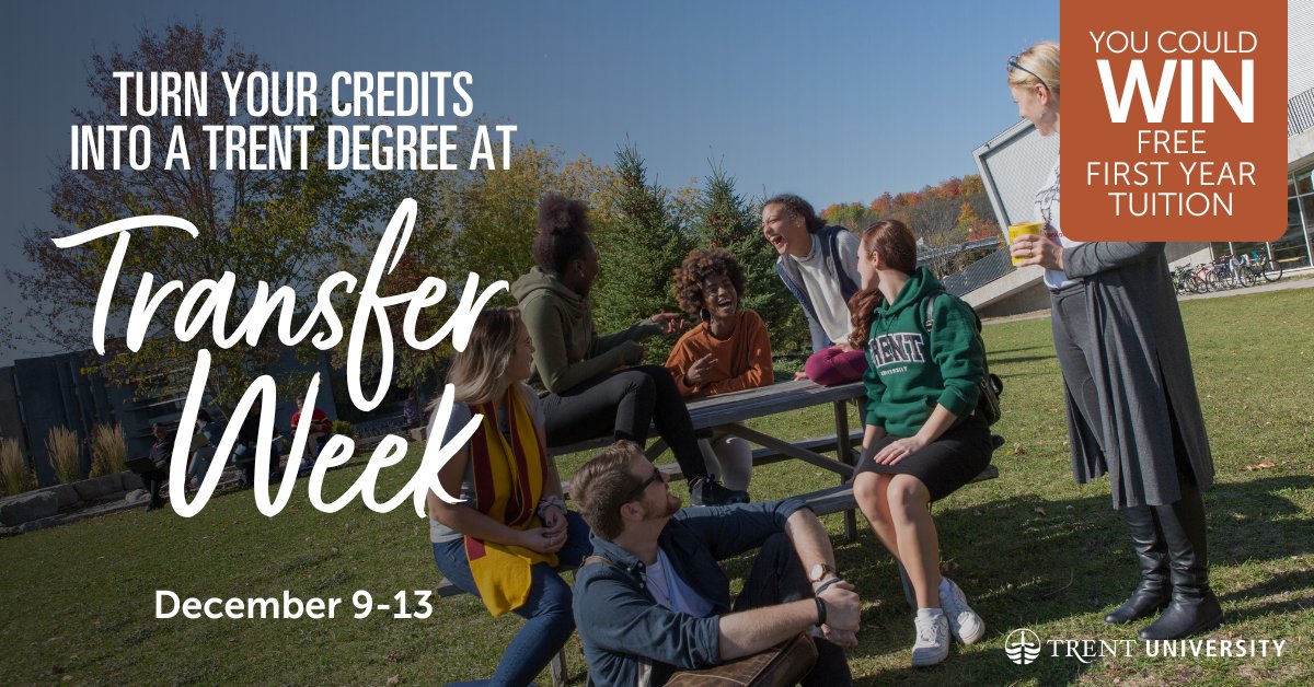 TrentUniversity's tweet photo. Join us this week for #TransferWeek (Dec 9-13) to see why Trent is a top choice for transfer students in Ontario.
π» Livestream | Dec 9, 7:00 pm
In-person Transfer Day
π Durham GTA | Dec 11, 3:00 pm β 6:00 pm
π PTBO | Dec 12, 10:00 am β 2:00 pm
https://t.co/lCsJ4cGtRE https://t.co/kzUO4y7pbB