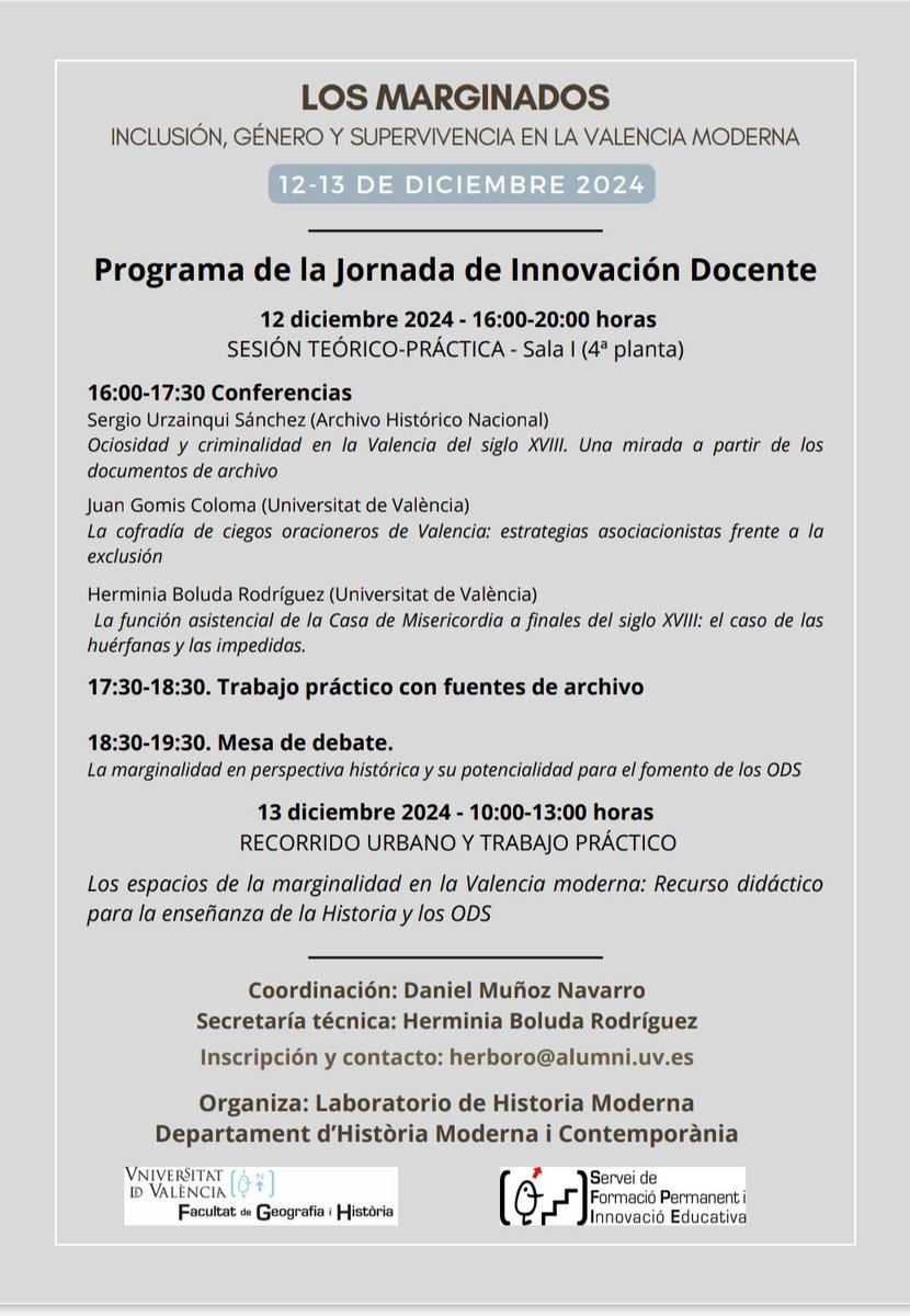 Àrea d'Història Moderna - Universitat de València (@historiamod) on Twitter photo Os recordamos que esta actividad se ha recuperado para los próximos días 12 y 13 de diciembre, ¡y aún queda alguna plaza disponible!
Para quien resulte de interés, puede escribir a: herboro@alumni.uv.es. Os recordamos que esta actividad se ha recuperado para los próximos días 12 y 13 de diciembre, ¡y aún queda alguna plaza disponible!
Para quien resulte de interés, puede escribir a: herboro@alumni.uv.es.
