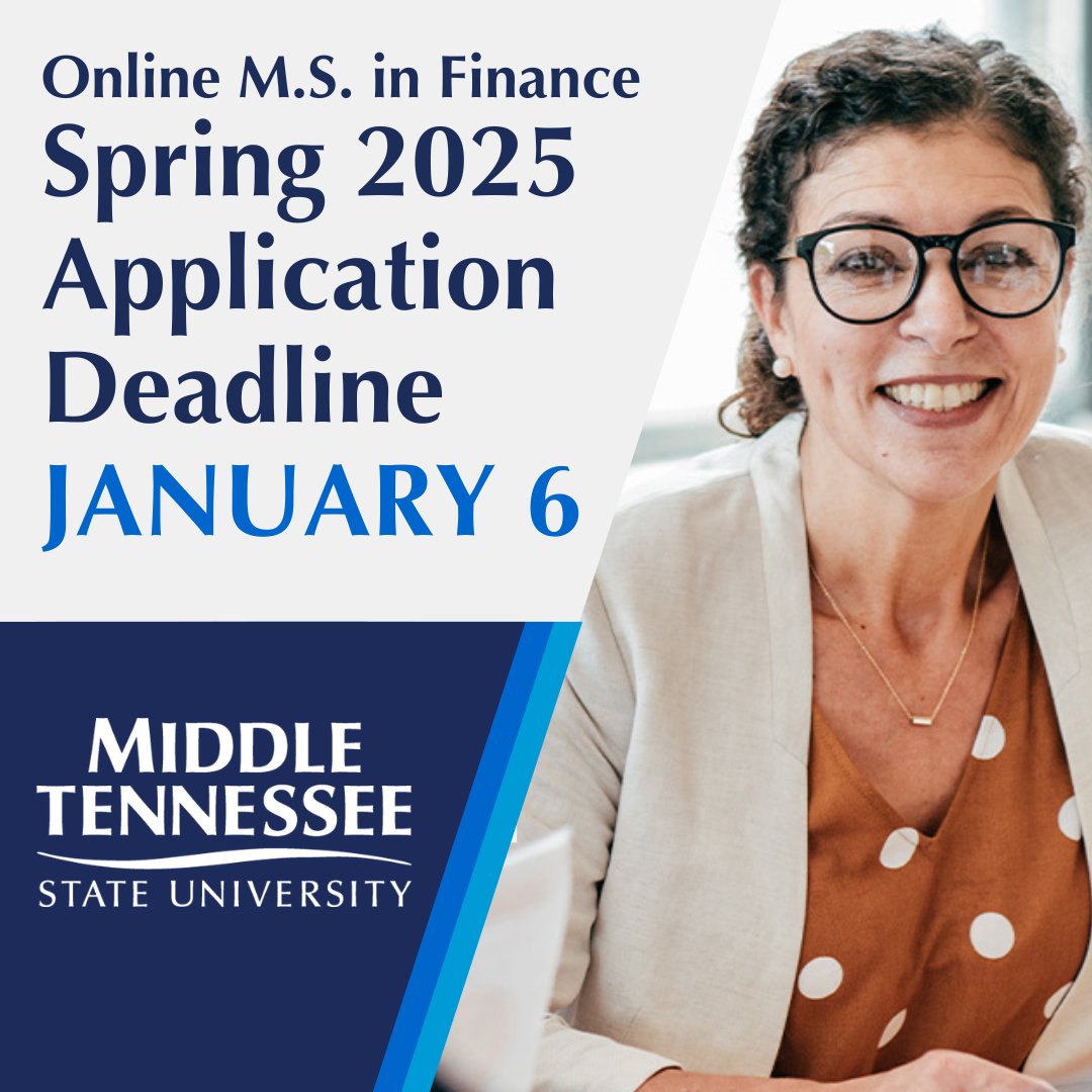 The Spring 2025 application deadline for the online M.S. in Finance program is coming up on January 6.

Apply today at the link below!

bit.ly/41icObd