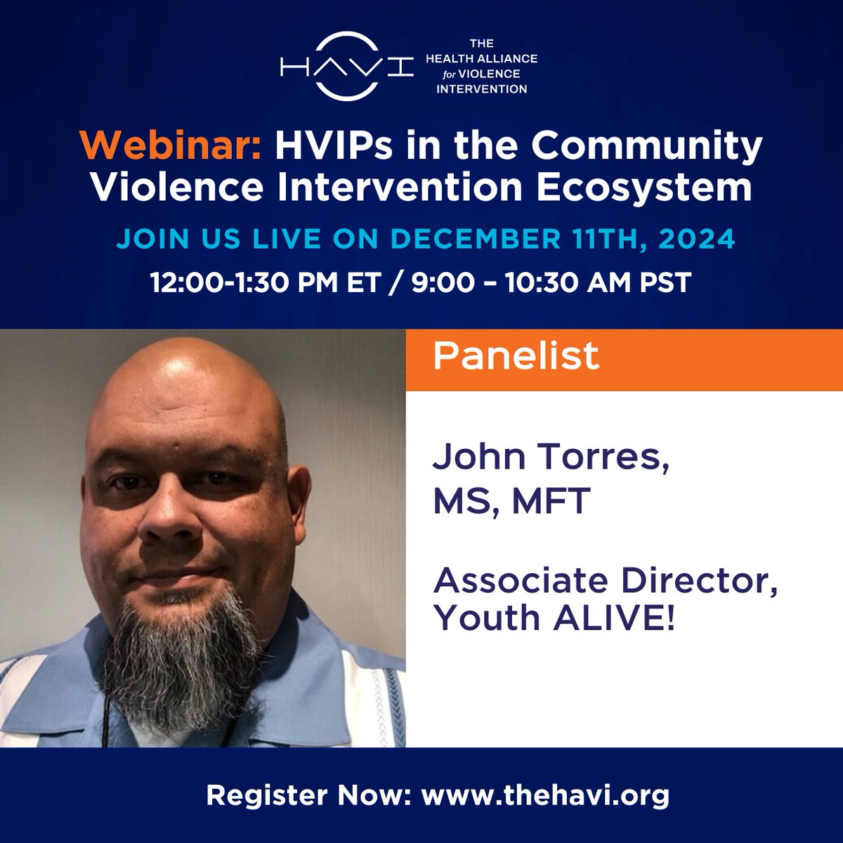 TheHAVI's tweet photo. Join us for a special webinar on Dec 11 exploring how hospital-based violence intervention programs (#HVIPs) fit into the community violence intervention (#CVI) ecosystem.

Meet our expert panel:
- Kyndra Simmons, PhD, MS, @TheHAVI 
- Christine Goggins, MFA LSW, @UChicagoMed 
- John Torres, LMFT, MS, @YouthALIVE510
- Tiffany Davis, MPH, @IU_Health

Date: December 11th, 2024 
Time: 12:00 – 1:30 PM ET / 9:00 – 10:30 AM PST 
Register Now: https://t.co/T1jZ5aeiUp 

Don’t miss out on this opportunity to learn more about this critical work! #ViolencePrevention
