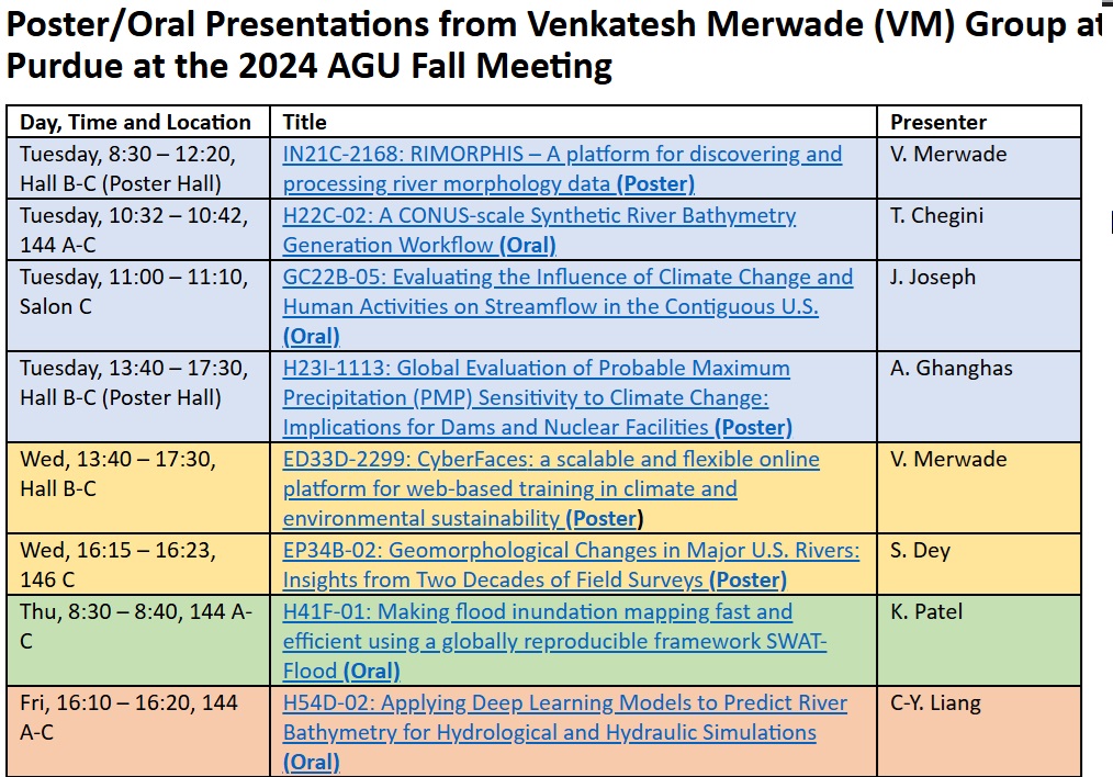 vmmerwade's tweet image. Below is a list of posters/presentations from my research group and collaborators at AGU 24 Fall meeting! I will be at my poster from 9 AM -12 PM tomorrow (Tuesday)This list is also available at: web.ics.purdue.edu/~vmerwade/agu24 if you want to read the abstracts.