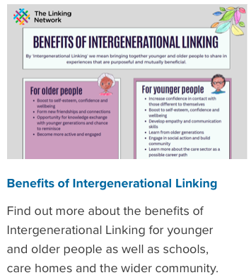 Linking_Network's tweet photo. What are the benefits of #IntergenerationalLinking?
We often hear, 'it was lovely' or ' it was great' but there is so much more to it...
We highlight this, in a poster, free to download along with lots more resources to help you connect across generations
https://t.co/OrM9ZlJ5MM https://t.co/CCwrTafIdH