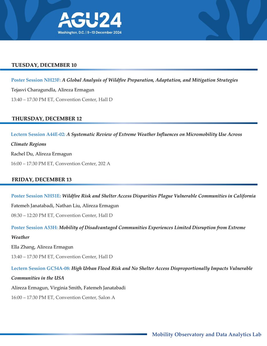 Alireza Ermagun (@aermagun) on Twitter photo Our group has an exciting lineup of lectern and poster presentations on #climate #mobility #resilience at <a href="/theAGU/">AGU (American Geophysical Union)</a>. We are also hiring Ph.D. students for Fall 2025! We welcome you to stop by for more information.
<a href="/GMU_COS/">College of Science</a> <a href="/GMU_CRASC/">GMU Center for Resilient & Sustainable Communities</a> <a href="/MasonResearch/">Mason Research</a> <a href="/VirginiaClimate/">Virginia Climate Center</a> Our group has an exciting lineup of lectern and poster presentations on #climate #mobility #resilience at <a href="/theAGU/">AGU (American Geophysical Union)</a>. We are also hiring Ph.D. students for Fall 2025! We welcome you to stop by for more information.
<a href="/GMU_COS/">College of Science</a> <a href="/GMU_CRASC/">GMU Center for Resilient & Sustainable Communities</a> <a href="/MasonResearch/">Mason Research</a> <a href="/VirginiaClimate/">Virginia Climate Center</a>
