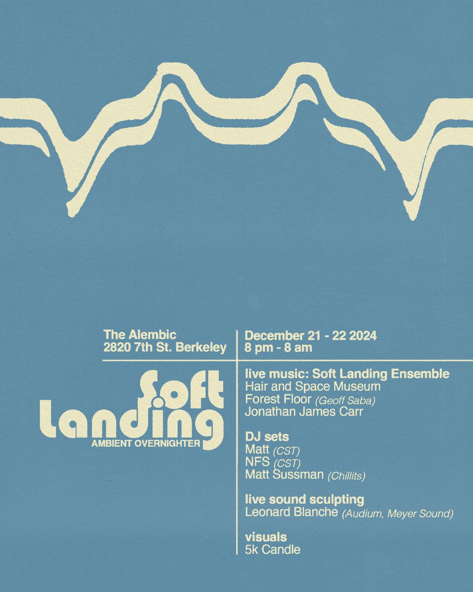 Excited to announce that we are reprising our ambient overnighter SOFT LANDING on the solstice at the Alembic in Berkeley. Featuring live music by <a href="/HairSpaceMuseum/">𝕙𝕒𝕚𝕣 𝕒𝕟𝕕 𝕤𝕡𝕒𝕔𝕖 𝕞𝕦𝕤𝕖𝕦𝕞</a> and friends, along with DJ sets + live spatialized sound sculpting &amp; visuals. Tickets: eventbrite.com/e/3rd-ear-pres…