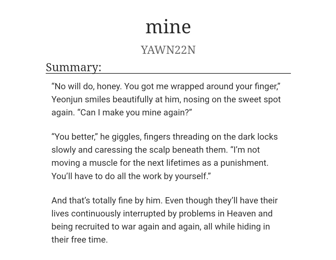 YAWN22N's tweet photo. #beomjun au | fic  ·  mine

★ part 2 of "yours"
★ 8k ; fluff, smut and humor
★ alternative universe — a/b/o, angels, royalty
★ mostly word vomiting and self indulgent :P
★ no tw!!! totally cool

🔗 https://t.co/jdKvOaCSnA https://t.co/AQYVtzzSrk