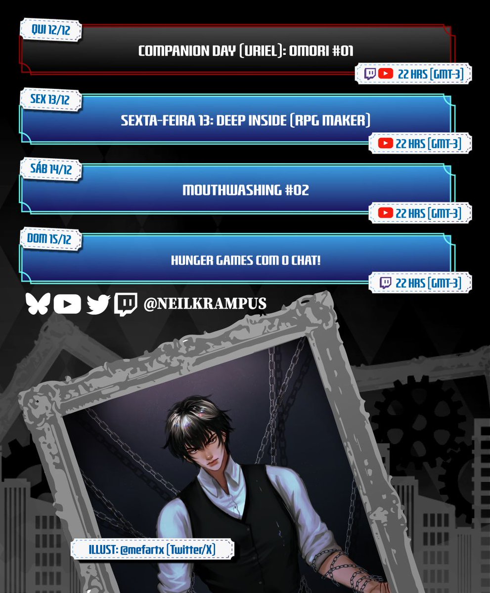 NeilKrampus's tweet photo. 💙SCHEDULE 12/12~15/12💙

🎩Tag geral: #KrampusNight 
🎩Fanart: #NeilPic
🎩Redes sociais e commissions: https://t.co/hXVelEejeI

✨ https://t.co/MAGSPQH6Yp
✨ https://t.co/L97KVcNEat

🎨: @/mefartx

#StarSongEnt #VtuberBR #KrampusNight https://t.co/XBIwYtsDm8
