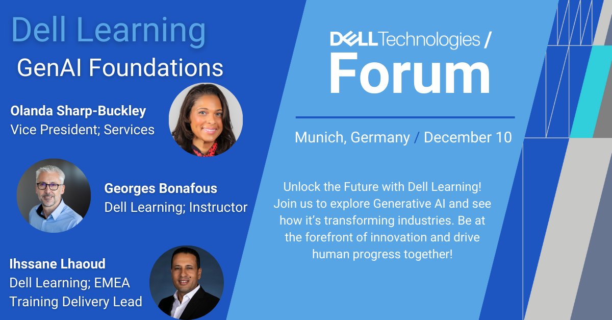 wpontel's tweet photo. At the #DellTechForum in Munich, we will be hosting our signature Dell GenAI Foundations training. 
Attendees will have the opportunity to elevate their #AI skills &amp; earn an achievement badge. 
️ https://t.co/4c97fLPcNi #iwork4dell https://t.co/vhg0vuJycZ