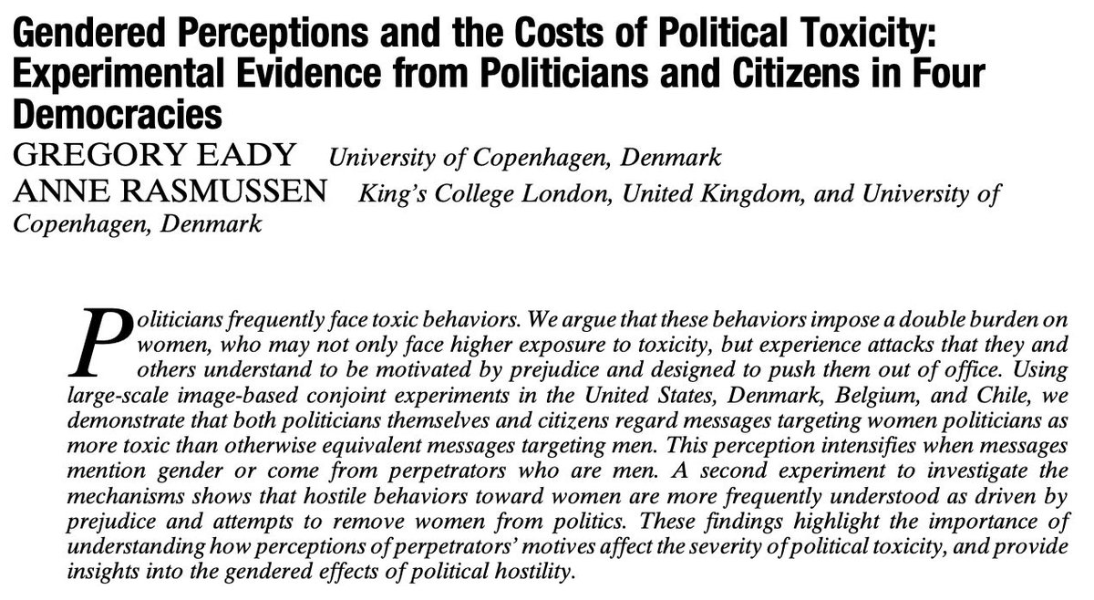 Just published on APSR First View: "Gendered Perceptions and the Costs of Political Toxicity: Experimental Evidence from Politicians and Citizens in Four Democracies" by Gregory Eady (<a href="/GregoryEady/">Gregory Eady</a>) and Anne Rasmussen (<a href="/a_rasmussen/">Anne Rasmussen - @annerasmussen.bsky.social</a>). cambridge.org/core/journals/…