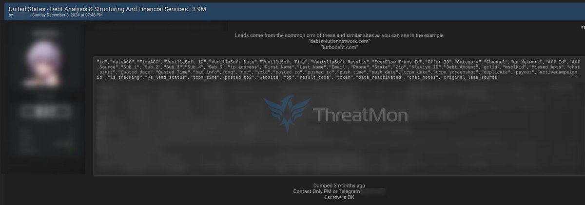 MonThreat's tweet photo. 🇺🇸  Alleged Breach Debt Analysis and Restructuring and Financial Services

A member of a popular dark web forum has claimed that websites such as debtsolutionnetwork[.]com and turbodebt[.]com have put up for sale a database of 3.9 million potential customers derived from their CRM systems and reportedly associated with debt analysis and financial services in the US. The dump, allegedly made about three months ago, contains sensitive customer information and operational data related to financial restructuring and debt solutions.

#Breach #DataLeak #UnitedStates #DarkWeb