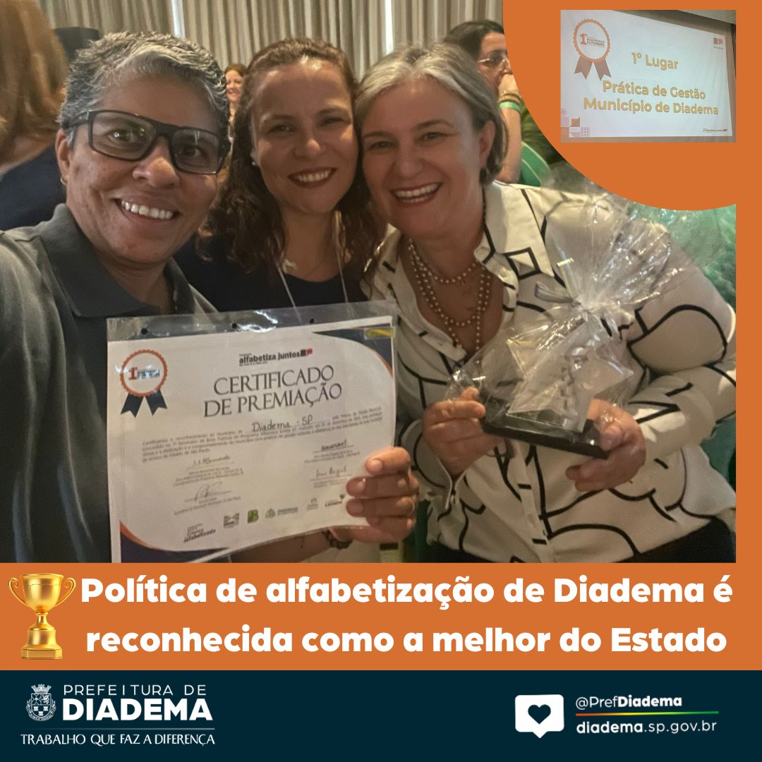 PrefDiadema's tweet photo. Educação de Diadema é nota 10! O Programa de alfabetização da cidade, com destaque para o Dandara e Piatã, recebeu no dia 05 de dezembro, o título de melhor prática de alfabetização do programa Alfabetiza Juntos SP entre os 645 municípios paulistas. https://t.co/3IL6wcMtHU