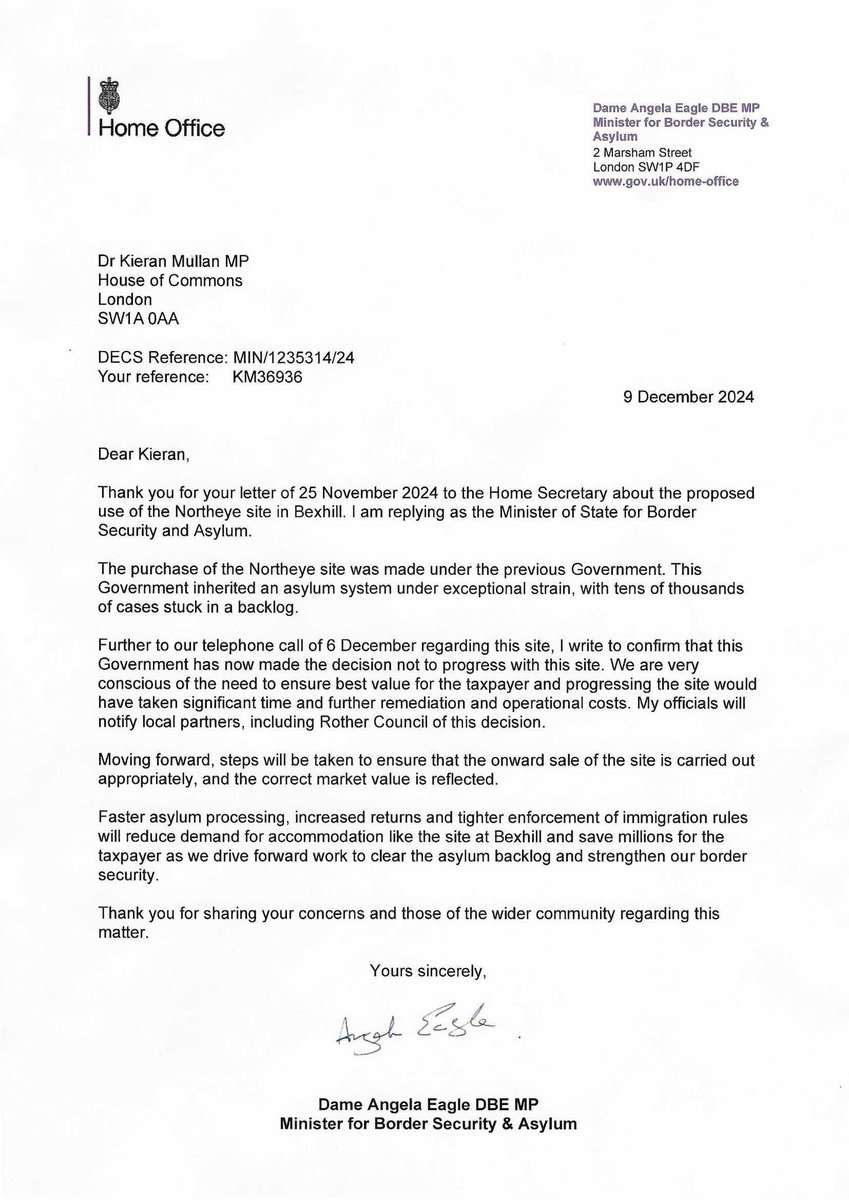 🚨NORTHEYE CANCELLED🚨 Former prison site near Bexhill will not be used as asylum accommodation, according to local MP <a href="/KieranMullanUK/">Dr Kieran Mullan MP 🇬🇧 🇺🇦</a>. Here’s the letter he had from the Home Office. The previous Government spent £15m on the site last year. <a href="/bbcsoutheast/">BBC South East</a>