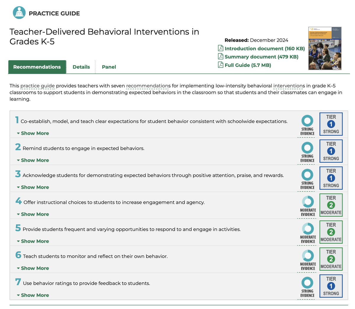 <a href="/IESResearch/">IES Research</a> issues new evidence-based practice guide for teachers on behavioral interventions during elementary school. Clear expectations, positive attention and praise, and feedback to students display strong evidence. ies.ed.gov/ncee/wwc/Pract… <a href="/MichaelPetrilli/">Michael Petrilli</a>  <a href="/Doug_Lemov/">Doug Lemov</a>
