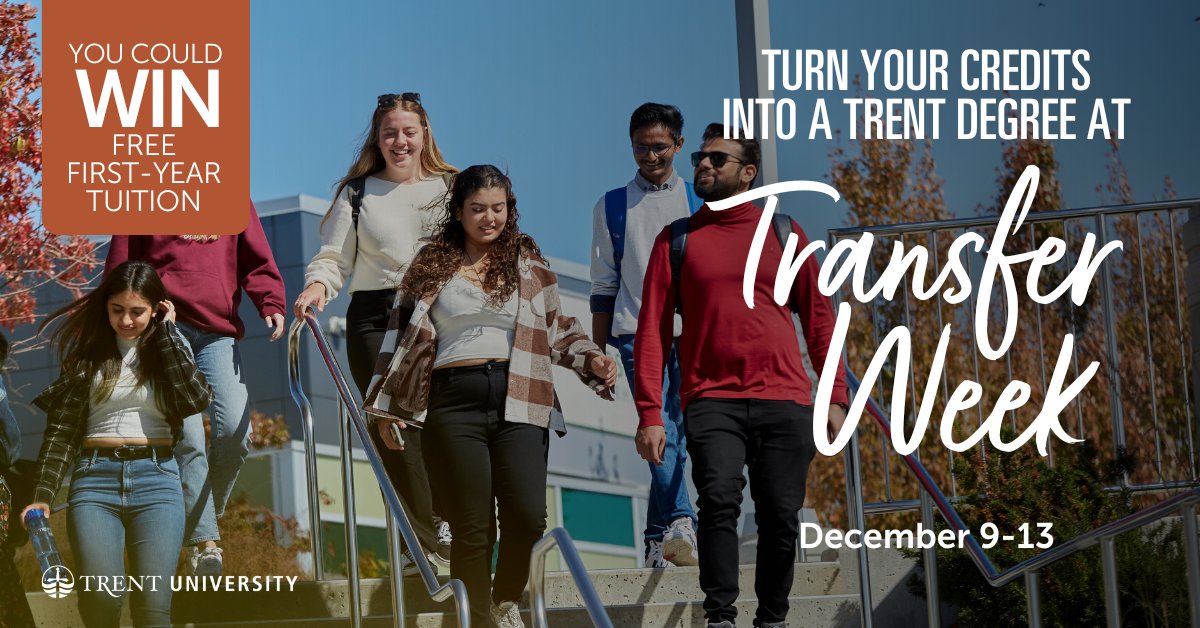 TrentUDurham's tweet photo. Join us this week for #TransferWeek (Dec 9-13) to see why Trent is a top choice for transfer students in Ontario.
π» Livestream | Dec 9, 7:00 pm
In-person Transfer Day
π Durham GTA | Dec 11, 3:00 pm β 6:00 pm
π PTBO | Dec 12, 10:00 am β 2:00 pm
https://t.co/K93rb4Ds74 https://t.co/p6pGi7llof