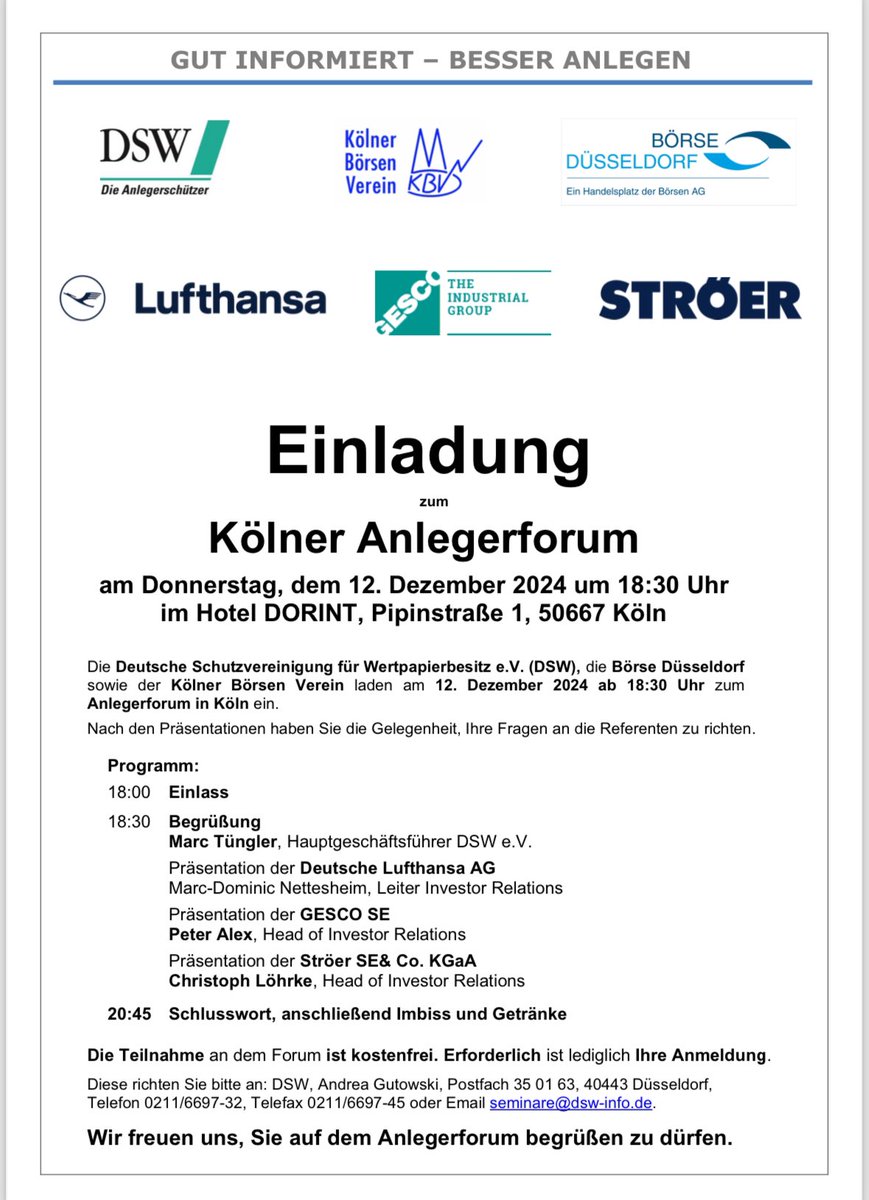 marc_tuengler's tweet image. KÖLN IS CALLING 📣

An diesem Donnerstag präsentieren @BoersenAktuell, KBV &amp;amp; die DSW die 

   @Lufthansa_DE 
   #Ströer und 
   #Gesco

Um 18:30 geht es los im Dorint am Heumarkt.

Jede/r ist herzlich willkommen.

Einfach formlose Anmeldung an seminare@dsw-info.de und dabei sein.