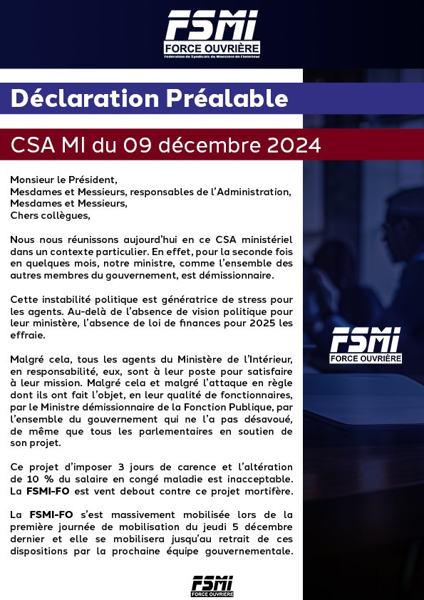 UN1TE_policenat's tweet photo. 🟥🟦 𝑭𝑺𝑴𝑰-𝑭𝑶

📃 Déclaration préalable CSAMi du 9 décembre 2024

#FSMI #CSAMI https://t.co/Fg9zoUCtp4