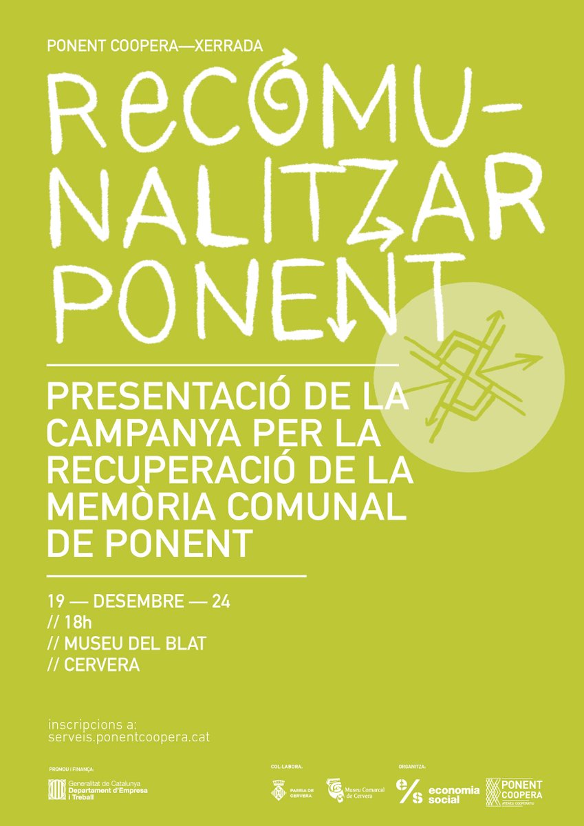 El proper 19/12 al <a href="/museudecervera/">Museu de Cervera</a> realitzarem la presentació de la campanya per la recuperació de la memòria comunal de Ponent!

<a href="/salut_camarada/">Josep Busqueta</a> ens parlarà de les estructures comunals als Països Catalans i podrem visitar el museu.

Ens hi acompanyeu? 👉 serveis.ponentcoopera.cat/program/recomu…