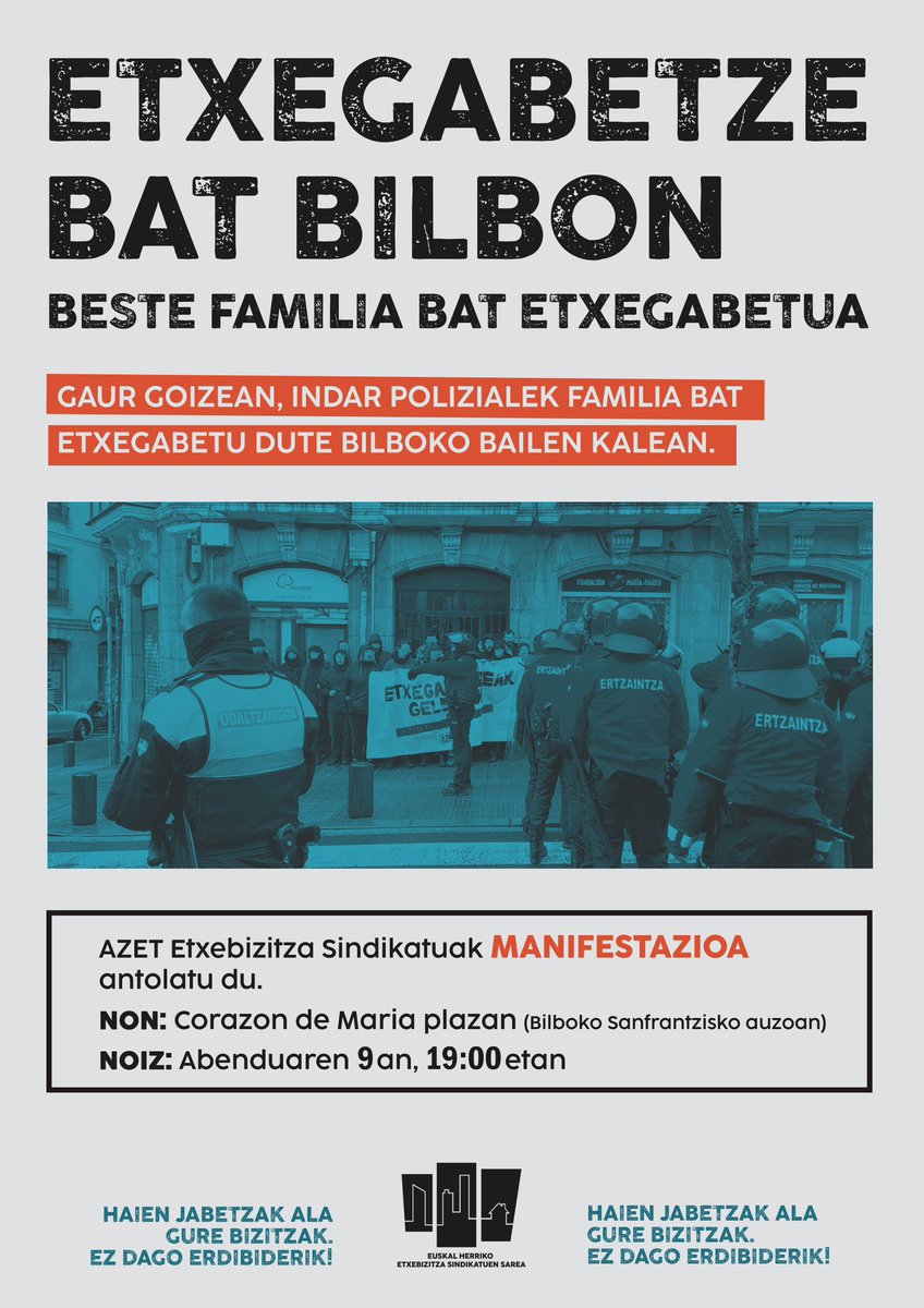 ehessarea's tweet photo. Elkartasun osoa Bilbon etxegabetu duten familiarekin.

Indar polizialek familia kale gorrian utzi eta etxegabetzea eteteko gorputza jarri dutenen kontra oldartu dira, @AzTaldea|k antolatutako erresistentzian.

Bat egiten dugu arratsalderalderako deitu duten manifestazioarekin https://t.co/IdbRxS6FBJ