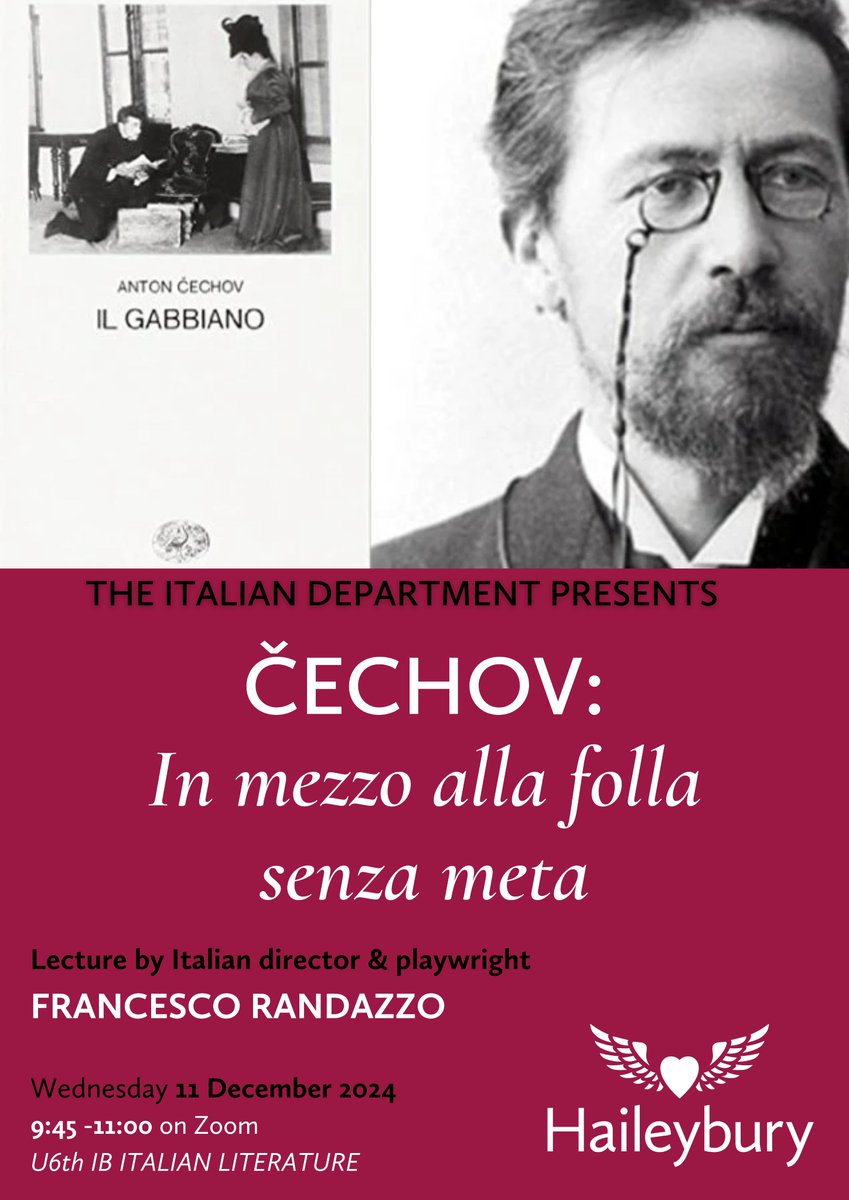 HbyItalian's tweet photo. We are very privileged to have the renowned Italian director and playwright Francesco Randazzo speaking to our U6 students about Chekhov's masterpiece before their upcoming trial IB exams in January. Looking forward to it! 🎭📚✨ @HaileyburyUK  @iborganization https://t.co/nvrx5v1Rel