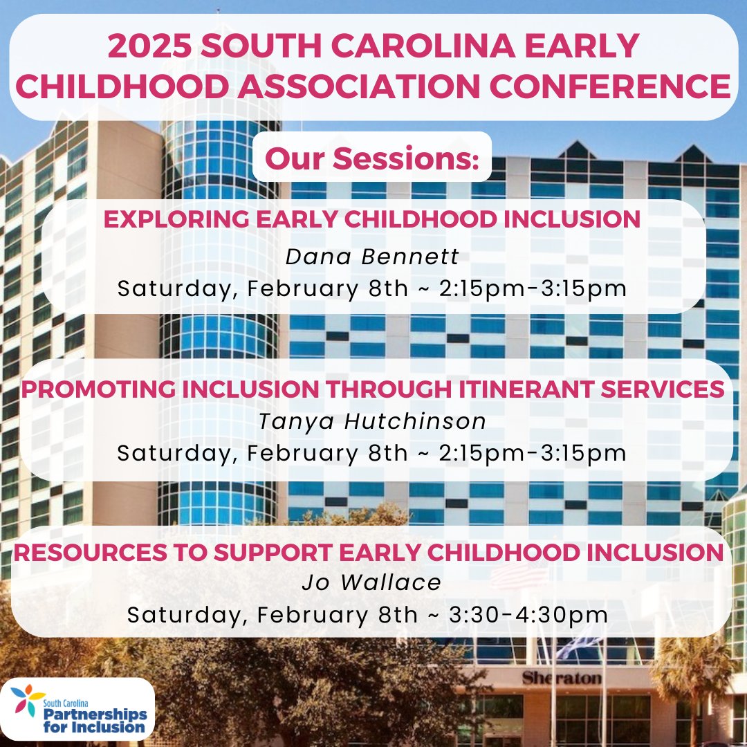 SCPInclusion's tweet photo. Are you planning to attend the 2025 South Carolina Early Childhood Association Conference from February 6-8 in Myrtle Beach? If so, join us as we explore evidence-based early childhood practices! SCPI will be providing these three sessions. We'll see you there!
#SCPI #SCECA https://t.co/kvVQHVmtD8