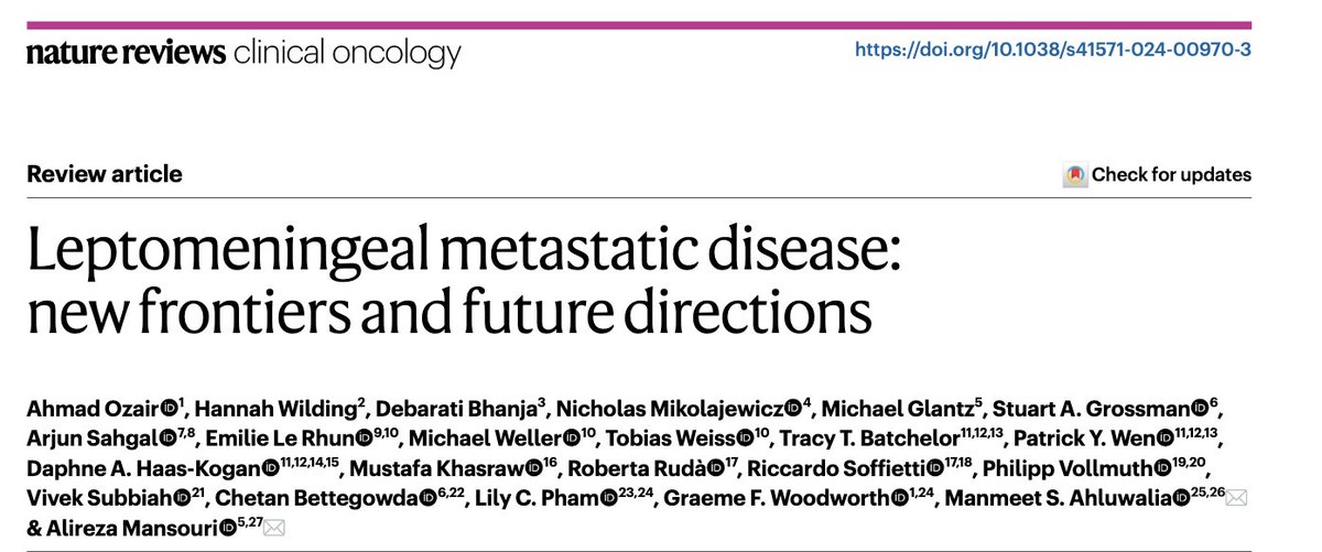 Alireza Mansouri (@dramansouri) on Twitter photo Delighted to share our comprehensive review on leptomeningeal disease now online <a href="/NatRevClinOncol/">NatureRevClinOncol</a>
Items covered:
1. Distinct pathogenesis of LMD and how it varies from parenchymal brain metastases
2. How cancer cells metabolically in the CSF and evade immune cells
3. Latest Delighted to share our comprehensive review on leptomeningeal disease now online <a href="/NatRevClinOncol/">NatureRevClinOncol</a>
Items covered:
1. Distinct pathogenesis of LMD and how it varies from parenchymal brain metastases
2. How cancer cells metabolically in the CSF and evade immune cells
3. Latest