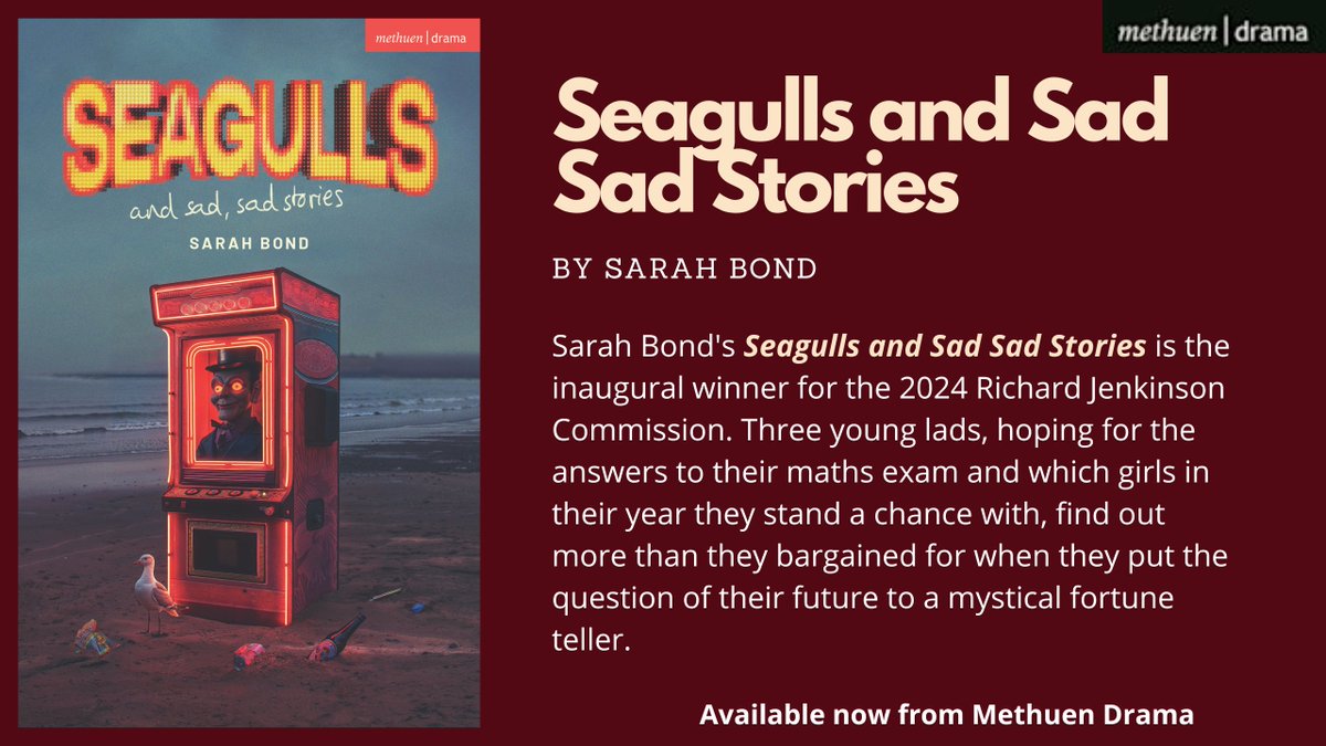 MethuenDrama's tweet photo. Happy Publication Day to @slb0nd for her play SEAGULLS AND SAD SAD STORIES! Now on at @LaurelsWhitley, this inaugural Richard Jenkinson Commission winner is now available for purchase at the venue, online, and in bookshops. https://t.co/LQlrWZ2033