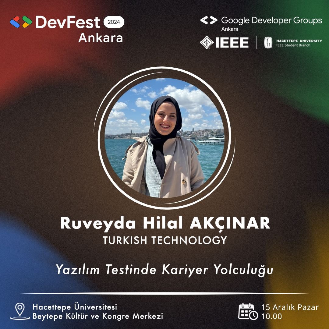 DevFest Ankara'da bu yıl bizimle olacak bir diğer konuşmacımız Ruveyda Hilal AKÇINAR! 🌟<a href="/RuveydaAkcinar/">Ruveyda Hilal AKÇINAR</a> 

"Yazılım Testinde Kariyer Yolculuğu" oturumunu kaçırmamak için siz de etkinlikte yerinizi alın! 🚀