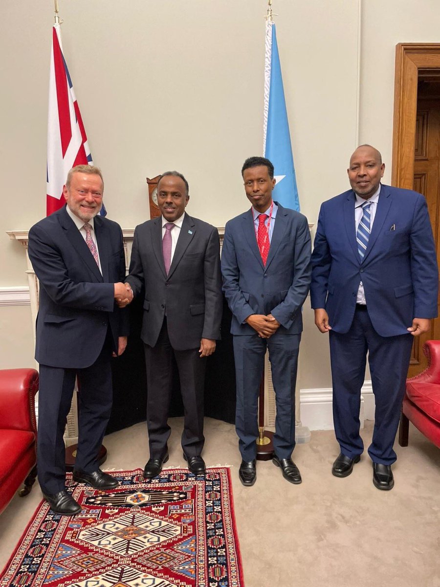 The State Minister for Foreign Affairs, Ali Omar, accompanied by National Security Advisor <a href="/XuseenMacallin/">Hussein Sheikh-Ali</a> and Somalia’s Ambassador to London, <a href="/Amb_kheyr/">Abdulkadir Ahmed kheyr</a> , held a meeting with the #UK’s Minister for Africa, UN and Commonwealth, <a href="/Lord_Collins/">Collins of Highbury</a>. They discussed the #Somalia-UK