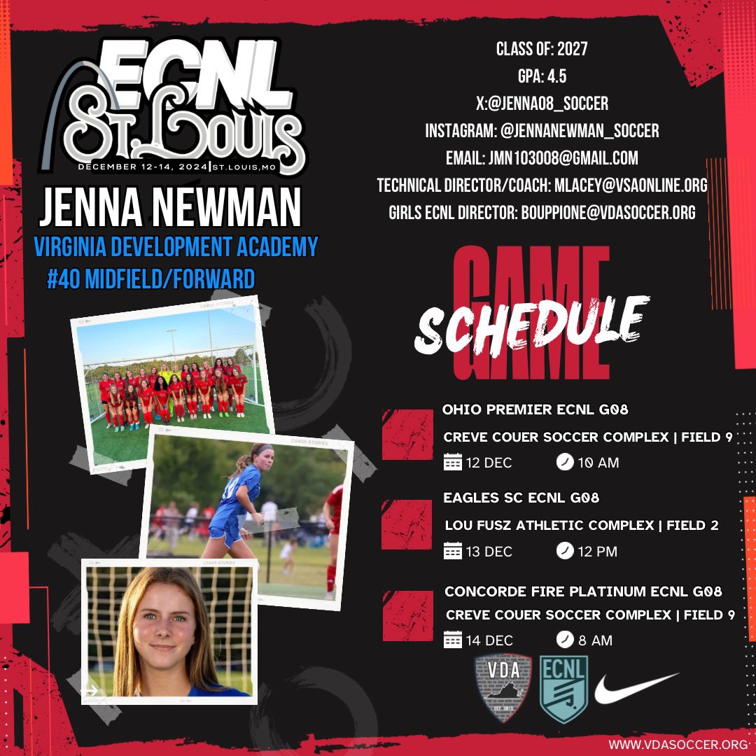 TheSoccerWire's tweet photo. Schedules for some SoccerWire Featured Players who will be competing at the @ECNLgirls St. Louis Event:

• @quinnhb2029 (2029 - @GEA_ECNL)
• @jenna08_soccer (2027 - @vdasoccer)
• @mollymcbride09 (2027 - @SJSCECNL)
• @MaciStancil (2026 - @atlantaunitedsa)

#ECNLSTL https://t.co/8UAuyl7r4Z