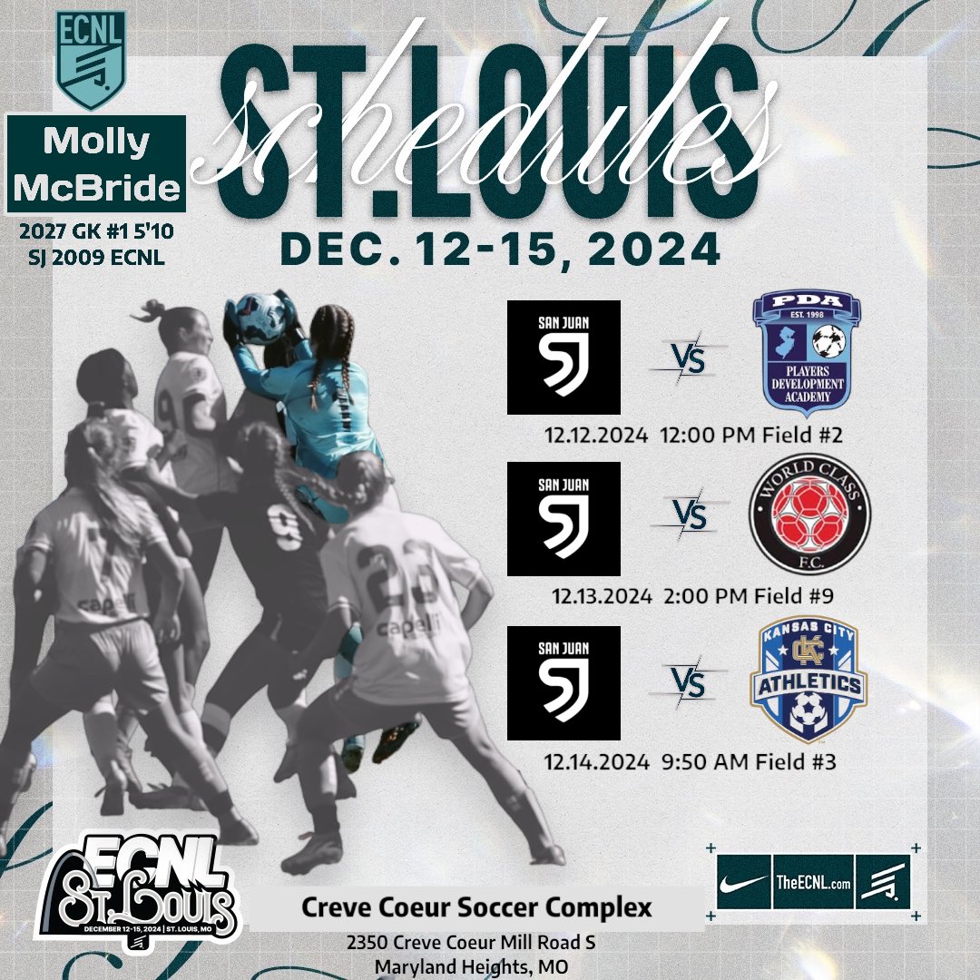 TheSoccerWire's tweet photo. Schedules for some SoccerWire Featured Players who will be competing at the @ECNLgirls St. Louis Event:

• @quinnhb2029 (2029 - @GEA_ECNL)
• @jenna08_soccer (2027 - @vdasoccer)
• @mollymcbride09 (2027 - @SJSCECNL)
• @MaciStancil (2026 - @atlantaunitedsa)

#ECNLSTL https://t.co/8UAuyl7r4Z