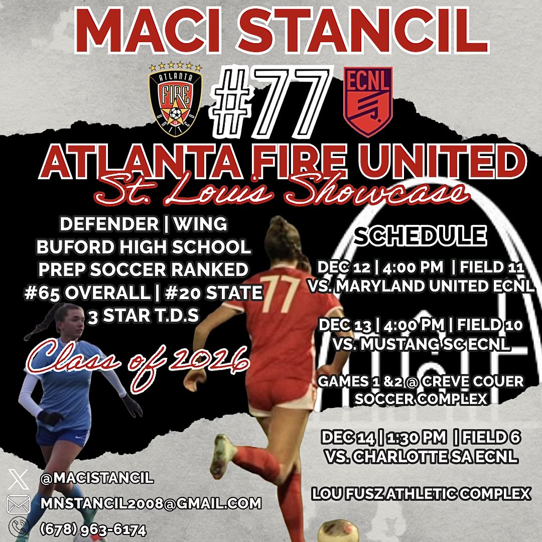TheSoccerWire's tweet photo. Schedules for some SoccerWire Featured Players who will be competing at the @ECNLgirls St. Louis Event:

• @quinnhb2029 (2029 - @GEA_ECNL)
• @jenna08_soccer (2027 - @vdasoccer)
• @mollymcbride09 (2027 - @SJSCECNL)
• @MaciStancil (2026 - @atlantaunitedsa)

#ECNLSTL https://t.co/8UAuyl7r4Z
