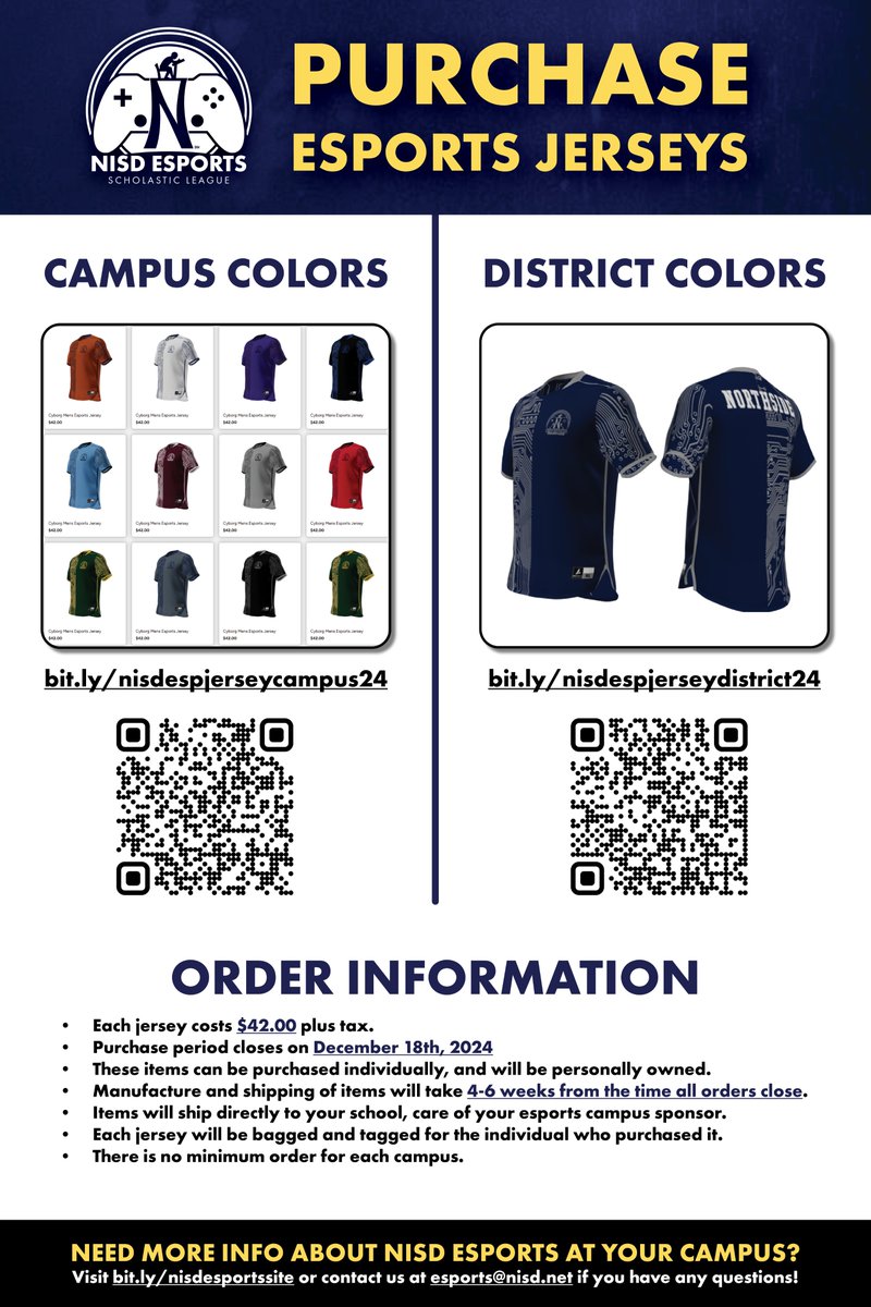 nisdesports's tweet photo. As many parents, teachers and students have requested, orders for our #nisdesports campus and district jerseys are open NOW and will run until Wednesday, December 18th!

Campus: https://t.co/jdICNq5nlM
District: https://t.co/xyBh9U6MJo https://t.co/1Py9SB9SAH