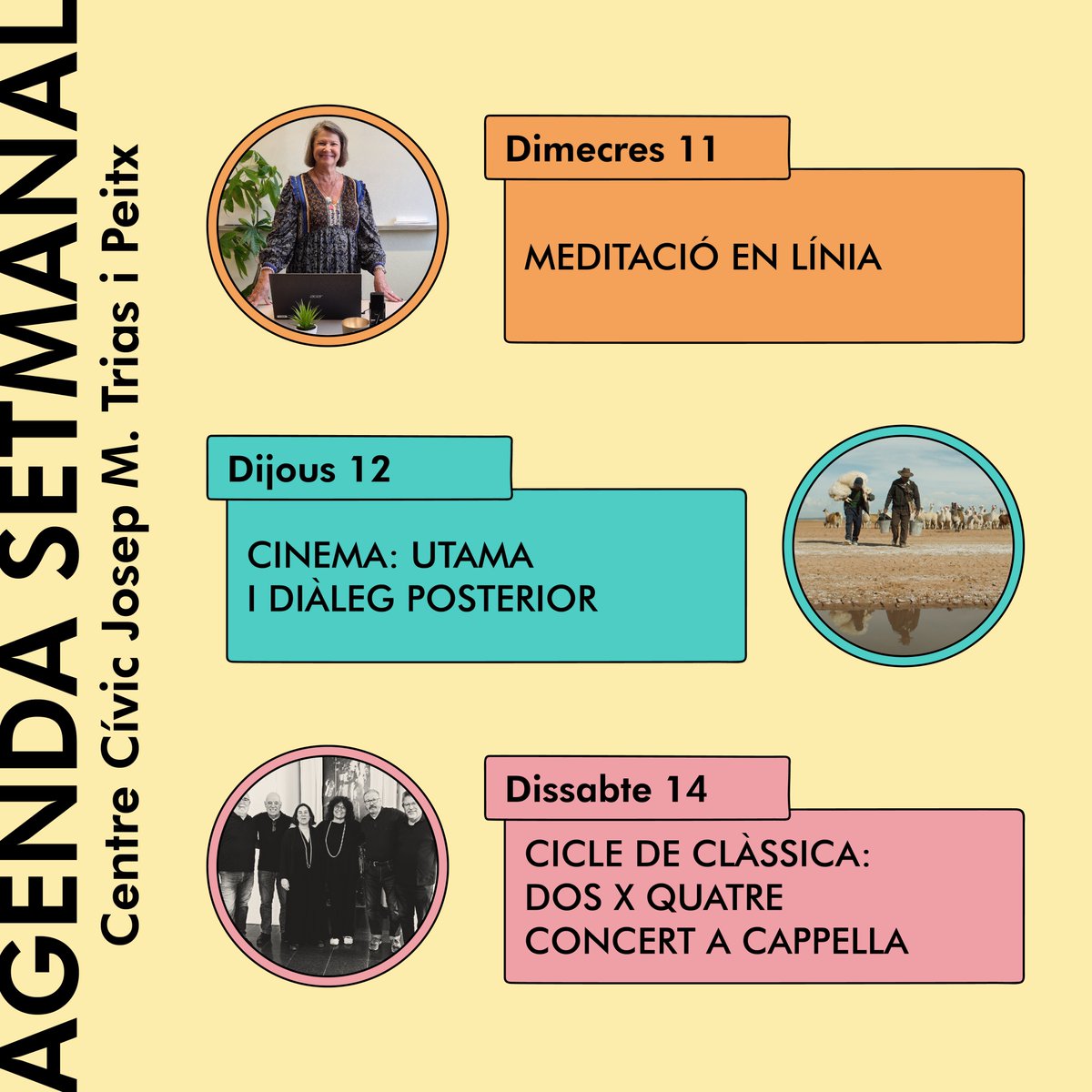 @ccjmtriasipeitx (@ccjmtriasipeitx) on Twitter photo Aquesta setmana...
Dimecres 11 🧘 MEDITACIÓ EN LÍNIA
Dijous 12 🎬 CINEMA: UTAMA I DIÀLEG POSTERIOR
Dissabte 14 🎶 CICLE DE CLÀSSICA: DOS X QUATRE - CONCERT A CAPPELLA
Més info👉bit.ly/ccjmtriasipeitx
#centrescívicsbcn #centrescívics #barcelona <a href="/bcncultura/">Barcelona Cultura</a> @bcn_lescorts Aquesta setmana...
Dimecres 11 🧘 MEDITACIÓ EN LÍNIA
Dijous 12 🎬 CINEMA: UTAMA I DIÀLEG POSTERIOR
Dissabte 14 🎶 CICLE DE CLÀSSICA: DOS X QUATRE - CONCERT A CAPPELLA
Més info👉bit.ly/ccjmtriasipeitx
#centrescívicsbcn #centrescívics #barcelona <a href="/bcncultura/">Barcelona Cultura</a> @bcn_lescorts