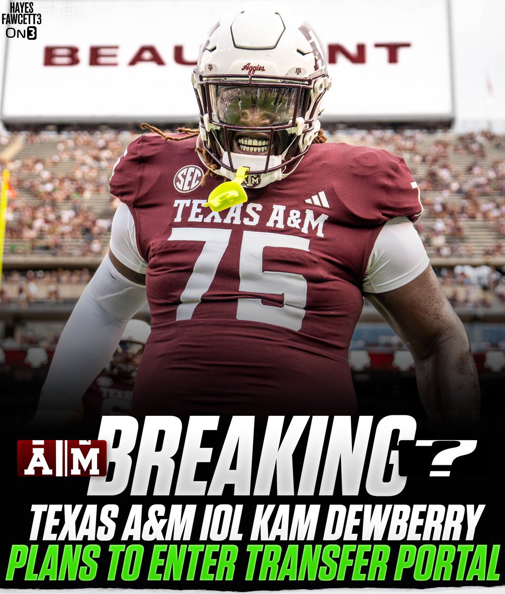 BREAKING: Texas A&amp;M IOL Kam Dewberry plans to enter the Transfer Portal, he tells @on3sports

The 6’4 335 IOL played in 34 games in his time with the Aggies

2022 Freshman All-American

Will have 1 year of eligibility remaining 

on3.com/db/kam-dewberr…