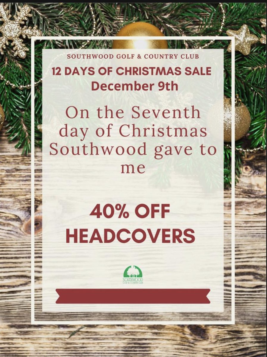 🎶 On the seventh day of Christmas, Southwood gave to me… 🎵 
40% off all headcovers!
#12DaysOfChristmas
#ClubLife
#SouthwoodGolfAndCountryClub