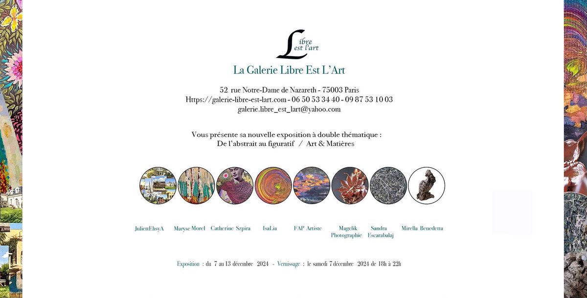 Libre Est L’Art a le plaisir de vous inviter à son nouveau verissage !

#exposition #art #artabstrait #artfiguratif  #artistes #peinture #photographie #artcontemporain #contemporaryart !